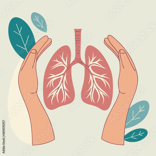Two hands softly encircle lungs, providing support amidst stylized leaves in this clean depiction
