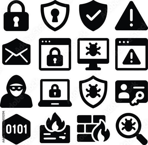 Robust cybersecurity protection featuring antivirus, firewall, hacker, and data encryption icons set for website design