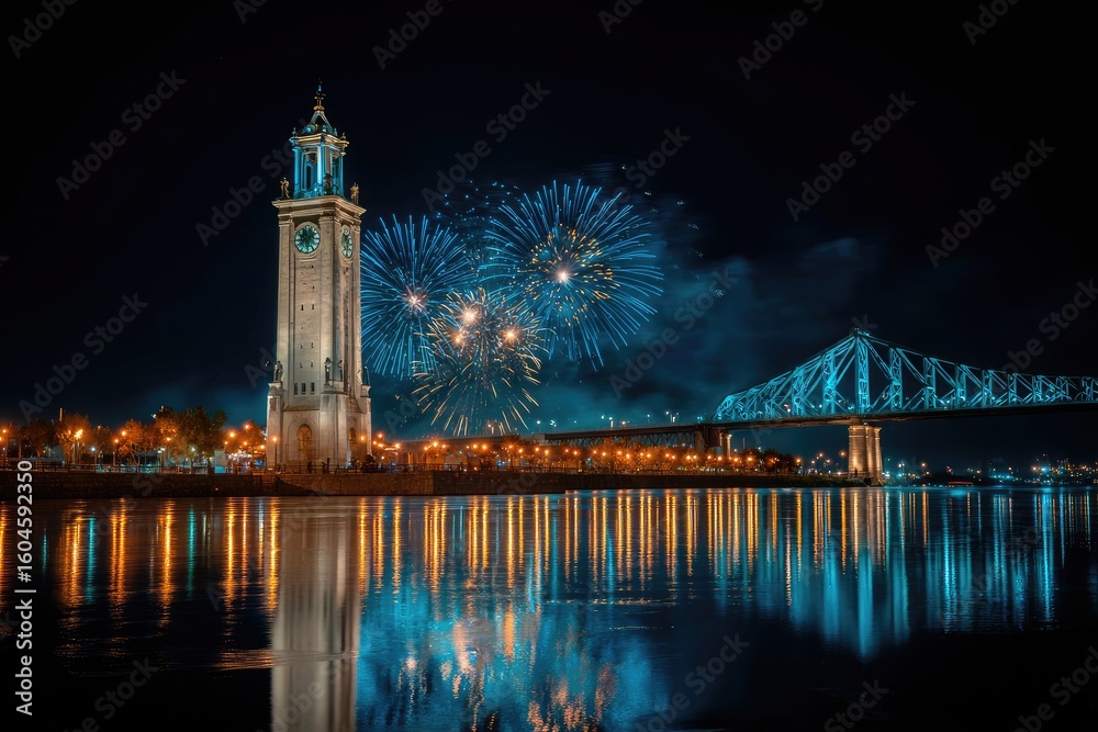 Fototapeta premium City clock tower, fireworks, bridge reflection