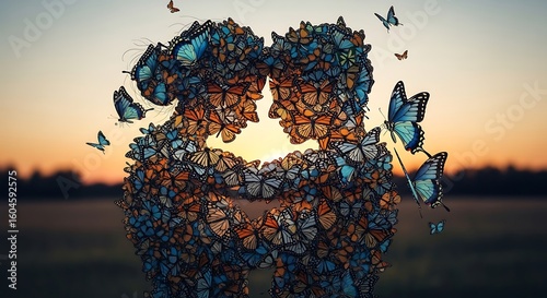 Two human head silhouettes formed by butterflies against a sunset sky in a field view
