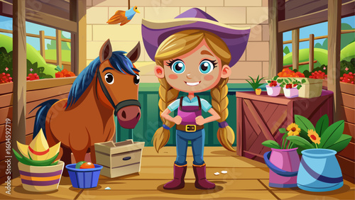Cartoon girl with braids and a cowboy hat standing proudly in a stable next to a brown horse and colorful farm supplies