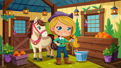 Cartoon girl with blonde hair and a hat standing confidently in a barn with a white horse and buckets of produce