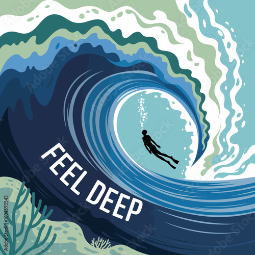 A lone surfer rides the powerful curl of a massive ocean wave embracing the deep blue sea and the thrill of the ride