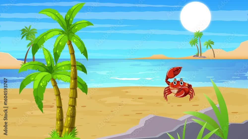 A cute cartoon red crab waving on a sunny tropical beach with palm trees and a calm ocean. Animated background for children's video.