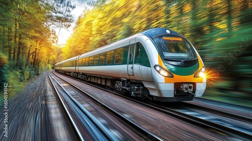 Fast train moving through a vibrant autumnal forest.