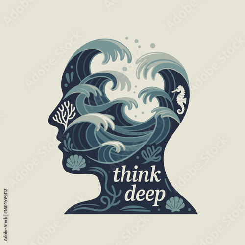 Oceanic mindscape a thoughtful illustration of deep thinking and inner worlds with waves and marine life