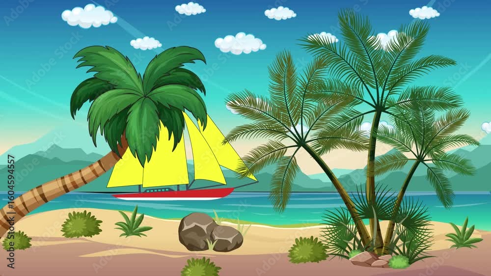 Tropical Beach Scene Palm Trees, Sailboat, and Serene Waters