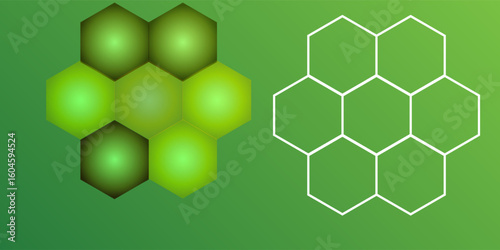 Abstract green hexagon background with glowing light effects and gradient overlay, futuristic honeycomb design concept.