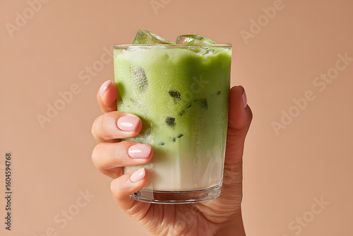 A hand holding a glass of iced matcha latte, with separated green tea, milk layers. Visible ice cubes. commercial drink. on pastel beige background.