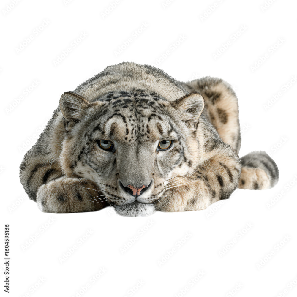 Obraz premium Majestic Snow Leopard Lying Down on Isolated White Background Captured in Stunning Detail