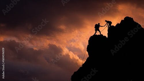 Wallpaper Mural Silhouettes of climbers at sunset, assisting each other on a rocky peak Torontodigital.ca
