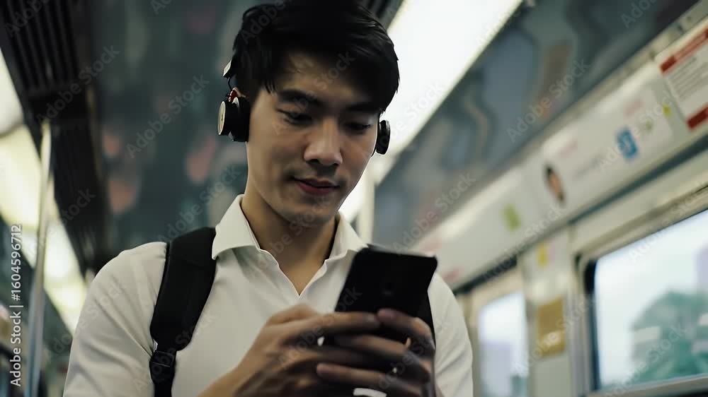 Young Man with Headphones Using Cellphone on Subway Train Wearing White Shirt and Backpack Enjoying Public Transport