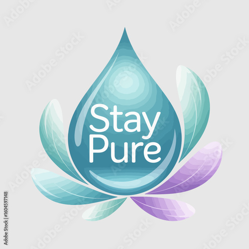 A shimmering turquoise water droplet with the words stay pure inside surrounded by soft pastel petals resembling a blooming lotus flower