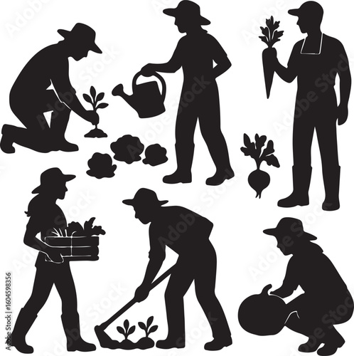 Set of gardeners vegetable growers black silhouettes
 on white background	