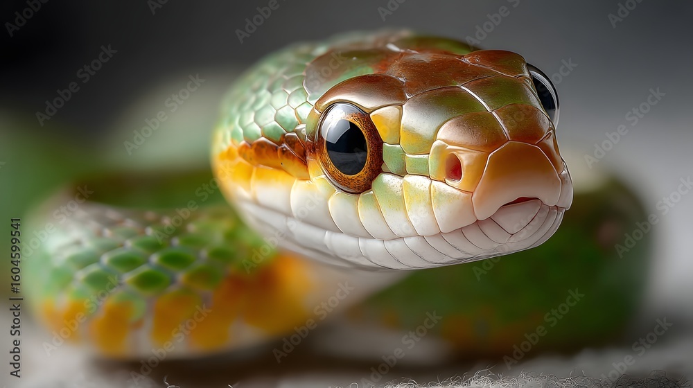 Obraz premium Detailed close up of a vibrant venomous snake with a curious alert expression in its natural forest habitat