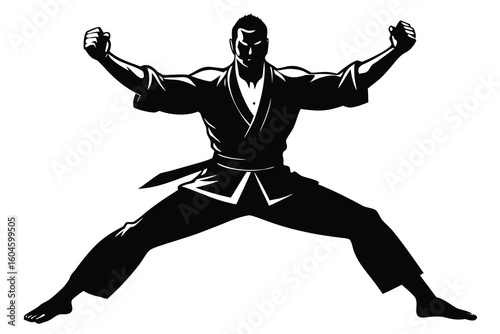 Silhouette of Karate Master in Stance, Fist Raised, White Background, Style
