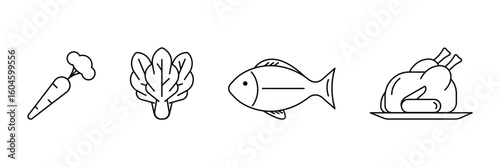 Healthy food, vegetable, fish and meat meal icon set in line style vector illustration on white background.