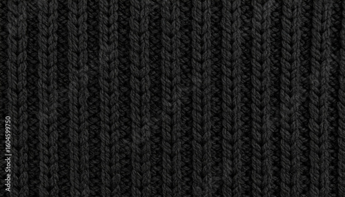 Black Rib Knit Wool Pattern. Textile Surface. Close up Texture. Background. Yarn.