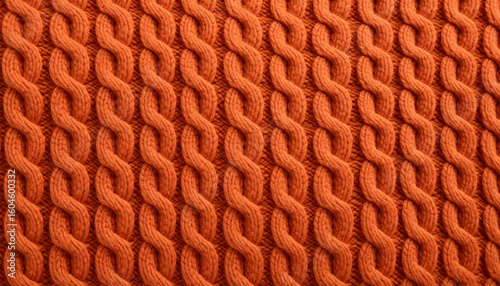 Orange Cable Knit Wool Pattern. Textile Surface. Close up Texture. Background. Yarn.