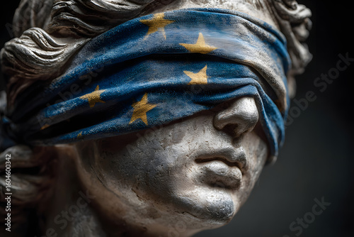 Blindfolded goddess of justice with european union flag symbolizing the influence of geopolitics on justice in judicial matters