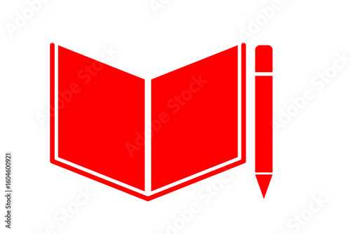 Red Open Book and Pencil Icon for Education and Learning Concepts