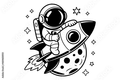 Cute Astronaut Playing with Rocket on Moon – Bold Minimalist Vector Line Art for Apparel and Vinyl Cutting generative ai
