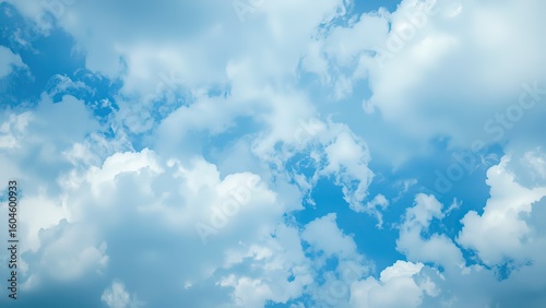 A serene and vibrant abstract depiction of a blue sky texture with soft, puffy, fluffy white clouds. with the blue and white colors blending harmoniously to create a sense of depth and dimensionality