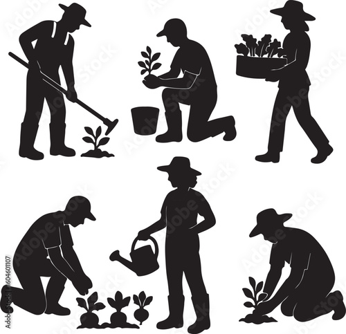 Set of gardeners vegetable growers black silhouettes
 on white background	