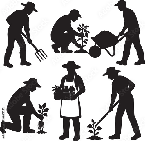 Set of gardeners vegetable growers black silhouettes
 on white background	