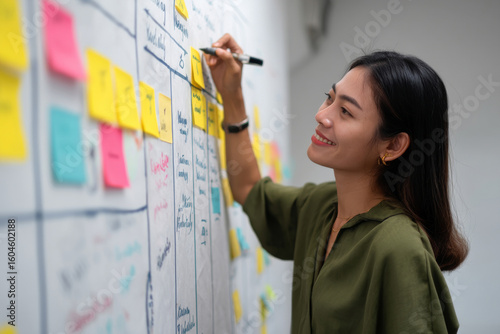 A young adult Asian businesswoman updates client personas in a customer journey map, incorporating market research and survey data to refine targeting strategies and improve satisfaction