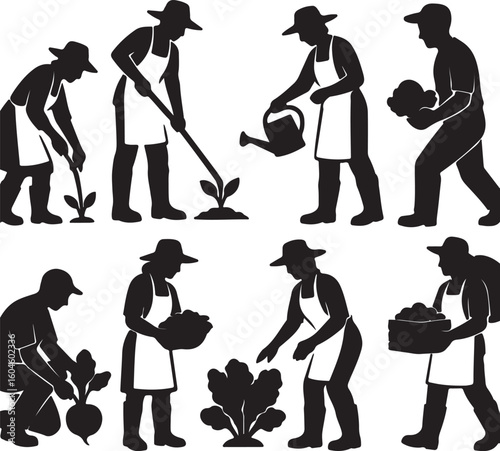 Set of gardeners vegetable growers black silhouettes
 on white background	