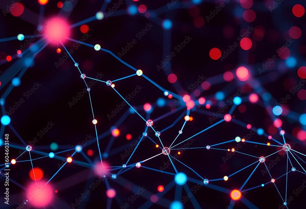Fototapeta premium Abstract glowing network nodes transferring data across the internet, innovation, download