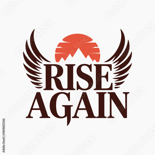 Inspirational rise again logo featuring majestic wings a rising sun and mountain silhouette symbolizing hope resilience and new beginnings