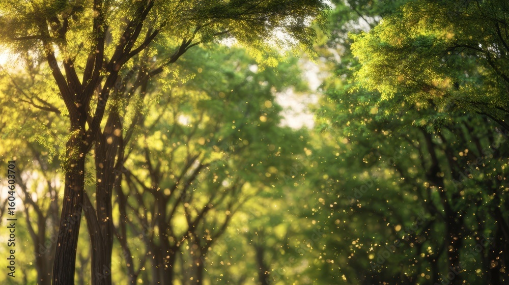 Fototapeta premium The serene forest with sunlight filtering through vibrant green leaves.