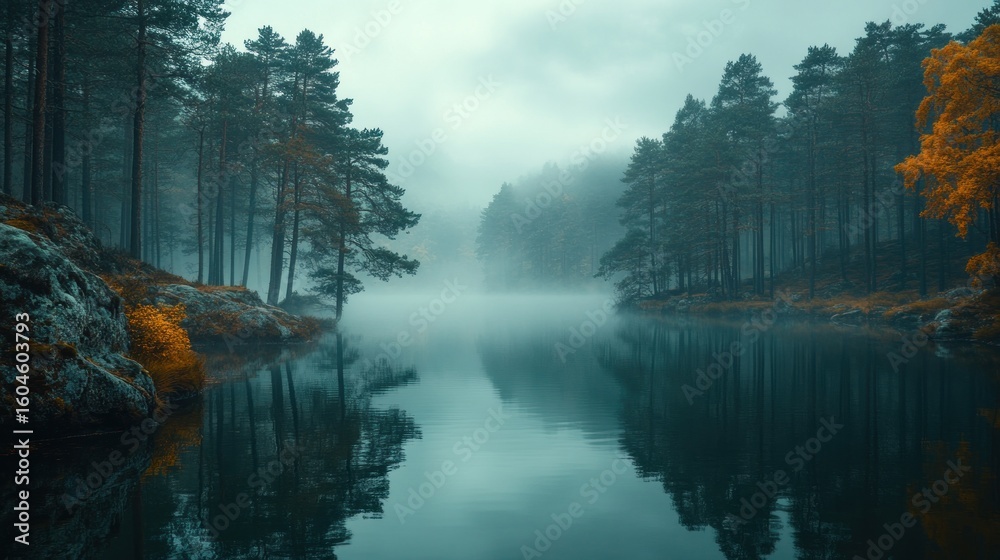 Naklejka premium Misty lake reflecting autumn forest.