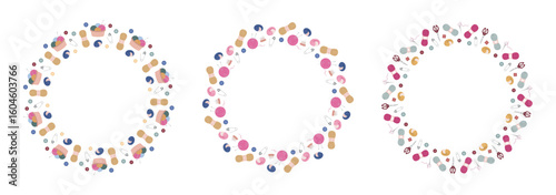 Set of three circular craft frames featuring colorful yarn balls, knitting needles, buttons, scissors, pincushions, and sewing tools arranged on a white background with open center space