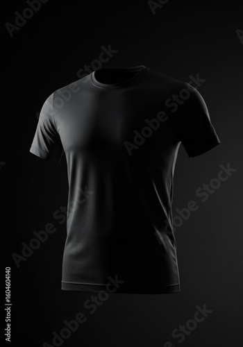 A minimalist, dark gray t-shirt floats against a stark black backdrop with soft, diffused lighting