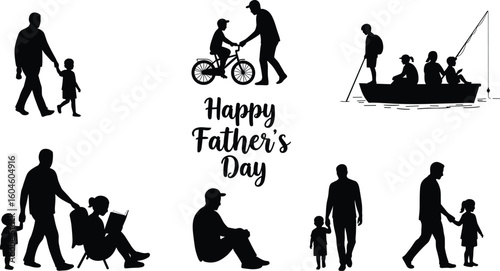 Father’s Day silhouette vector illustration, dad walking with kids, riding bicycle, fishing with family, reading, parenting moments, black family design