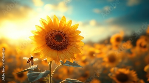 Sunrise illuminates a bee approaching a single sunflower in a field.