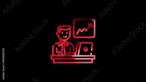Red outline illustration of a businessman working on a laptop with financial growth chart