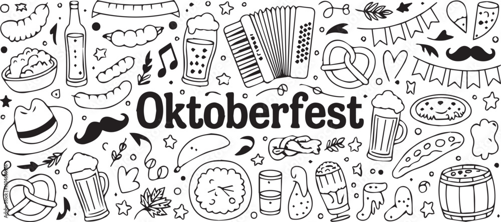 Fototapeta premium Oktoberfest themed doodle art featuring food, drinks, and musical instrument