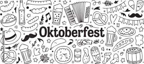 Oktoberfest themed doodle art featuring food, drinks, and musical instrument