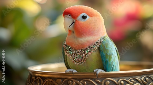 Rosy-faced lovebird wearing a jeweled necklace sits in an ornate bowl.