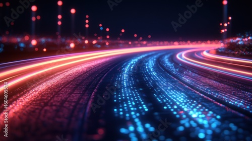 Abstract glowing lines forming a road at night.