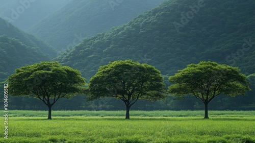 Three lush green trees stand in a vibrant field, with misty mountains in the background.