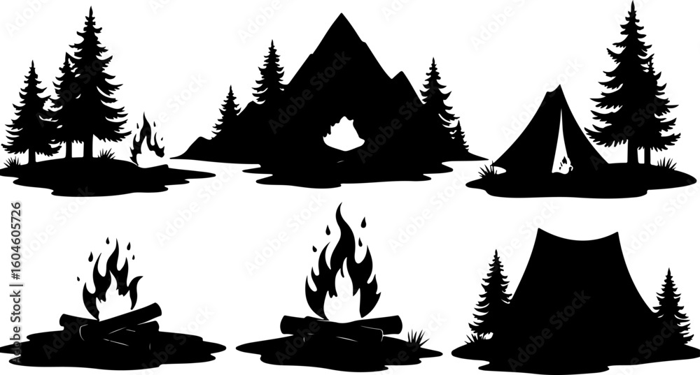 Obraz premium Mountain Camping Silhouettes: Adventure Under the Stars