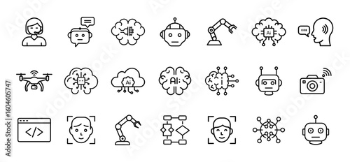 Artificial intelligence and robotics icon set. Vector line pictograms of robot, AI chip, neural network, automation, machine learning, algorithm, and smart technology illustration.