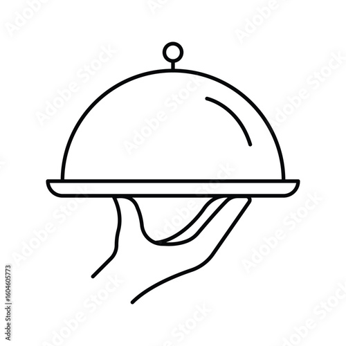 Food serving tray with hand holding cloche dome restaurant service hospitality meal icon vector illustration for catering, hotel concept.