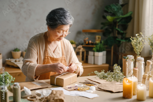 An elderly Asian woman assembles wellness kits with tea, candles, and journaling prompts for employees, promoting mental health and emotional balance in the modern workplace