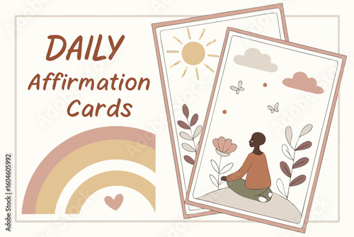 Daily affirmation cards with boho rainbow and meditating figure